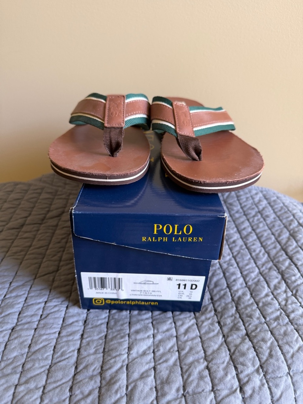 Polo by Ralph Lauren Brown Leather Flip-Flop Sandals with Green & Cream Stripes
